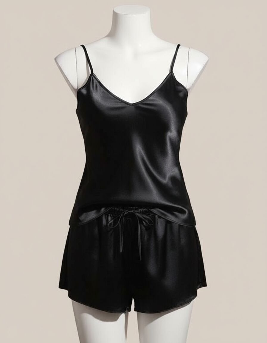 Arias Closet Siyah Sırt Dantel Detaylı İnce Askılı Saten Şortlu Takım