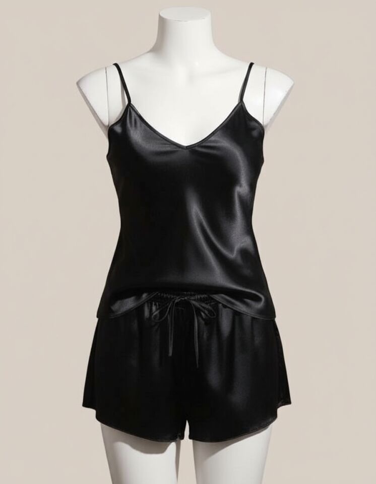 Arias Closet Siyah Sırt Dantel Detaylı İnce Askılı Saten Şortlu Takım