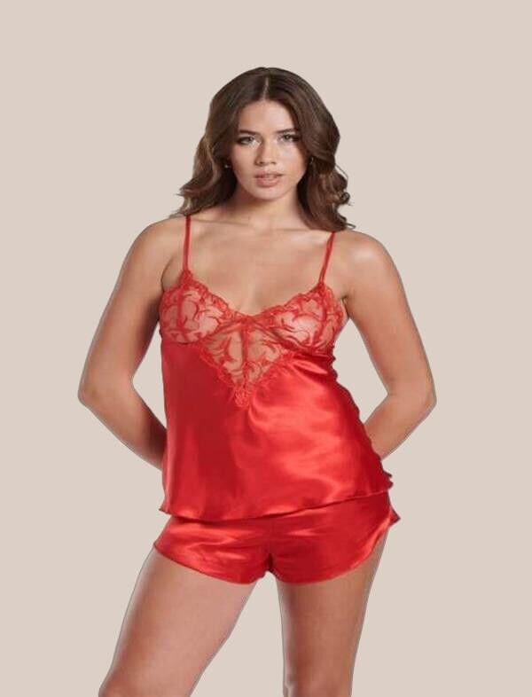 Arias Closet Kırmızı Dantel Detaylı İnce Askılı Saten Şortlu Takım