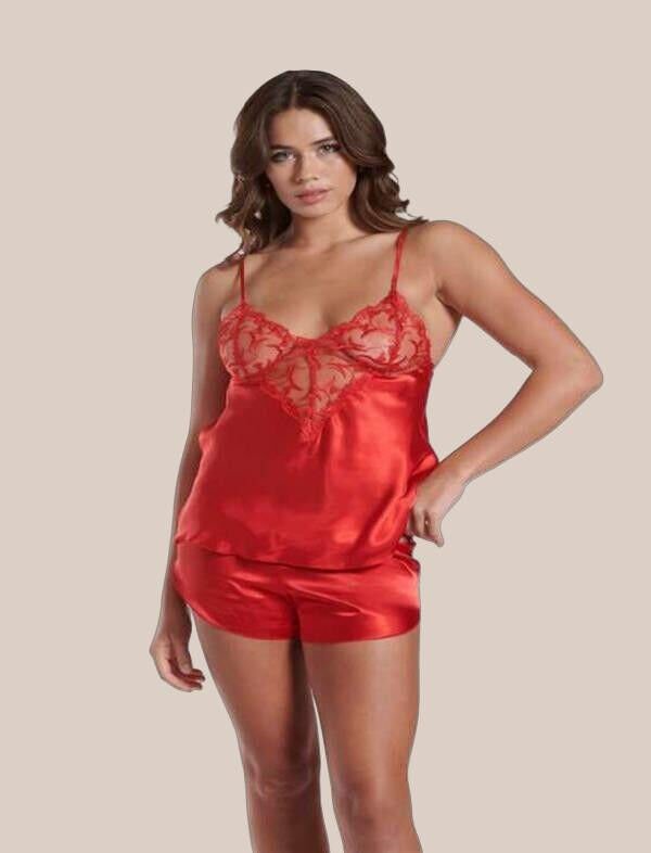 Arias Closet Kırmızı Dantel Detaylı İnce Askılı Saten Şortlu Takım
