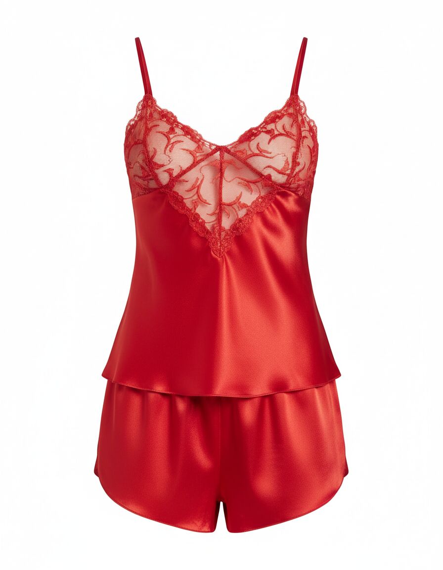 Arias Closet Kırmızı Dantel Detaylı İnce Askılı Saten Şortlu Takım