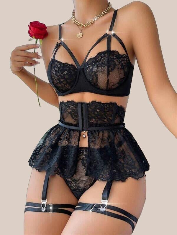 Arias Closet Siyah Dantelli Göğüs İp Detaylı Fantezi Jartiyer Takımı