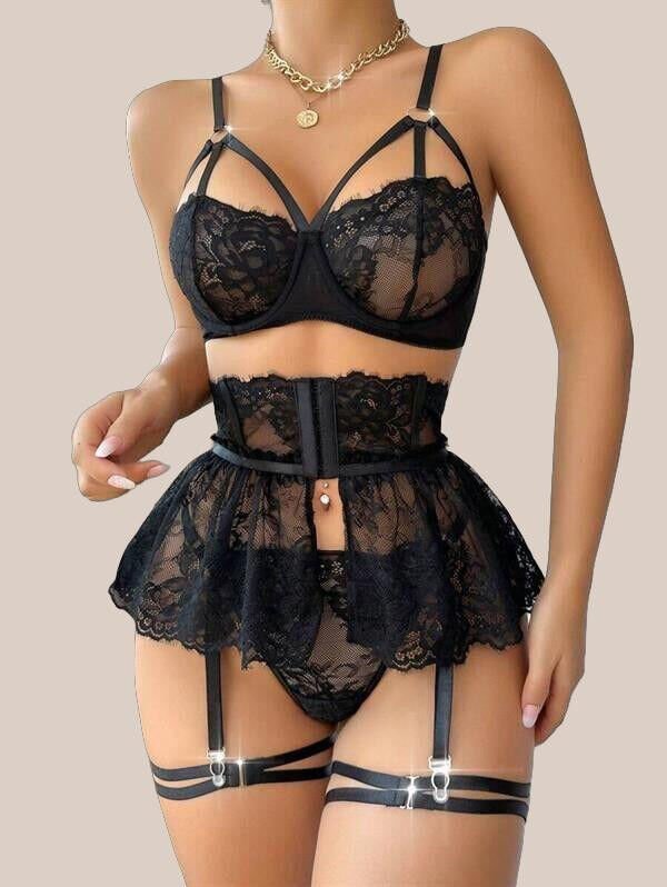 Arias Closet Siyah Dantelli Göğüs İp Detaylı Fantezi Jartiyer Takımı