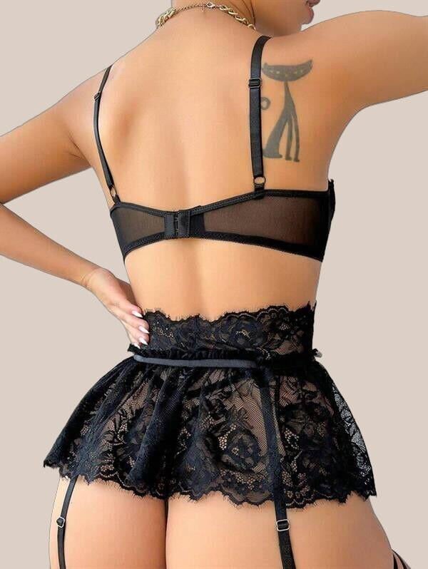 Arias Closet Siyah Dantelli Göğüs İp Detaylı Fantezi Jartiyer Takımı