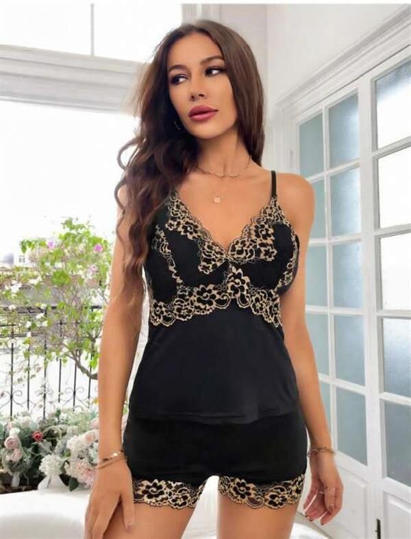 Arias Closet Dantel İşlemeli Siyah İnce Askılı Saten Şortlu Takım