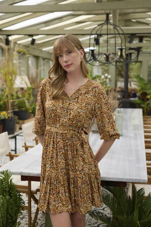 Arias Closet %100 Viskon Çiçek ve Yaprak Desenli Kuşaklı Elbise