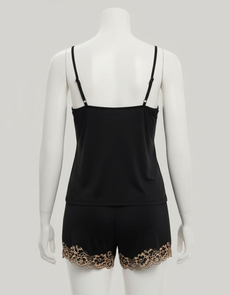 Arias Closet Sarı Dantel İşlemeli Siyah İnce Askılı Saten Şortlu Takım