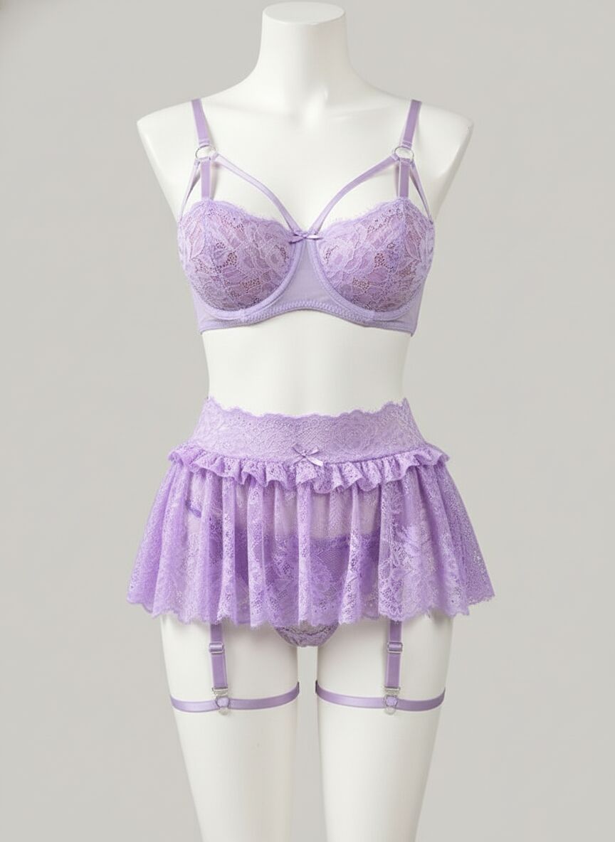 Arias Closet Lila Dantelli Göğüs İp Detaylı Fantezi Jartiyer Takımı