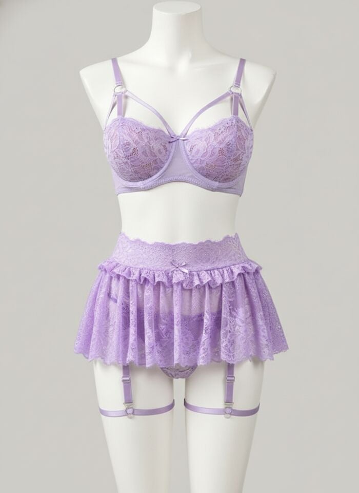 Arias Closet Lila Dantelli Göğüs İp Detaylı Fantezi Jartiyer Takımı