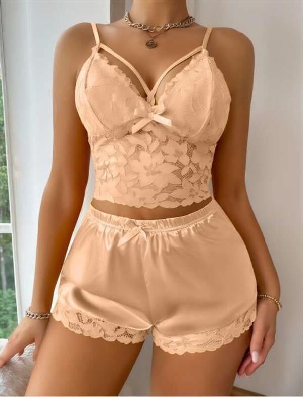 Arias Closet Sarı Dantelli Büstiyer İnce Askılı Saten Şortlu Takım