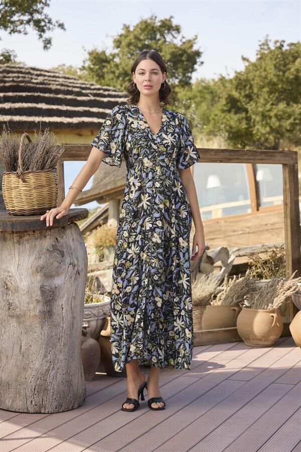 Arias Closet %100 Viskon Çiçek ve Yaprak Desenli Önü Düğmeli Elbise
