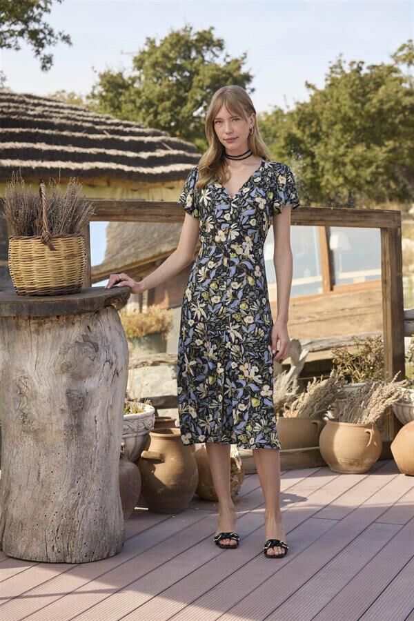 Arias Closet %100 Viskon Çiçek ve Yaprak Desenli Önü Düğmeli Elbise