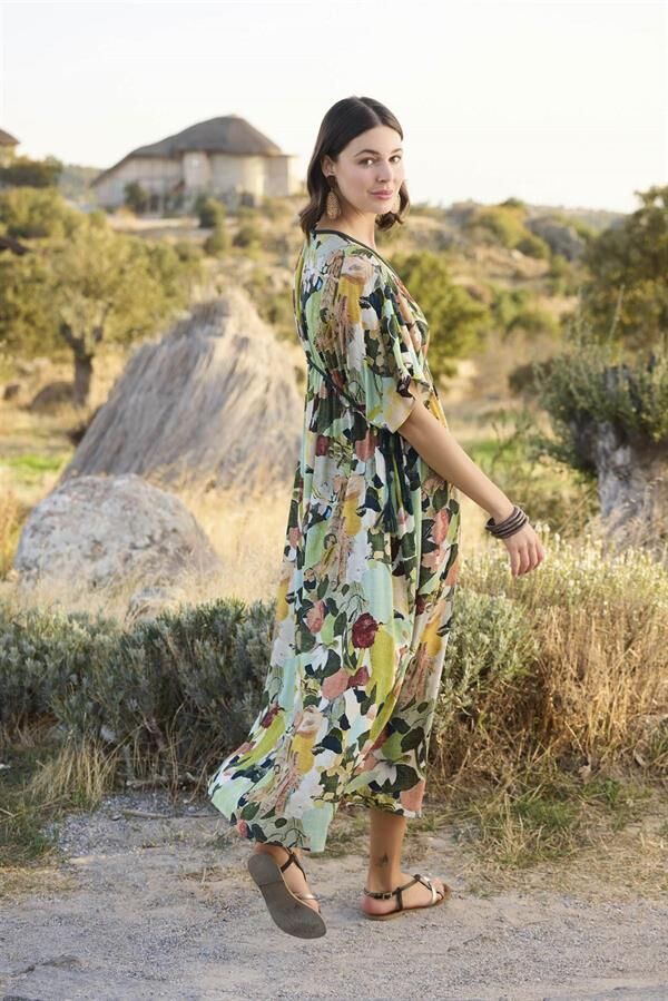 Arias Closet %100 Viskon Çiçek ve Yaprak Desenli Kısa Kollu Elbise