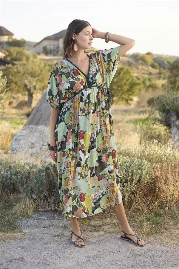 Arias Closet %100 Viskon Çiçek ve Yaprak Desenli Kısa Kollu Elbise