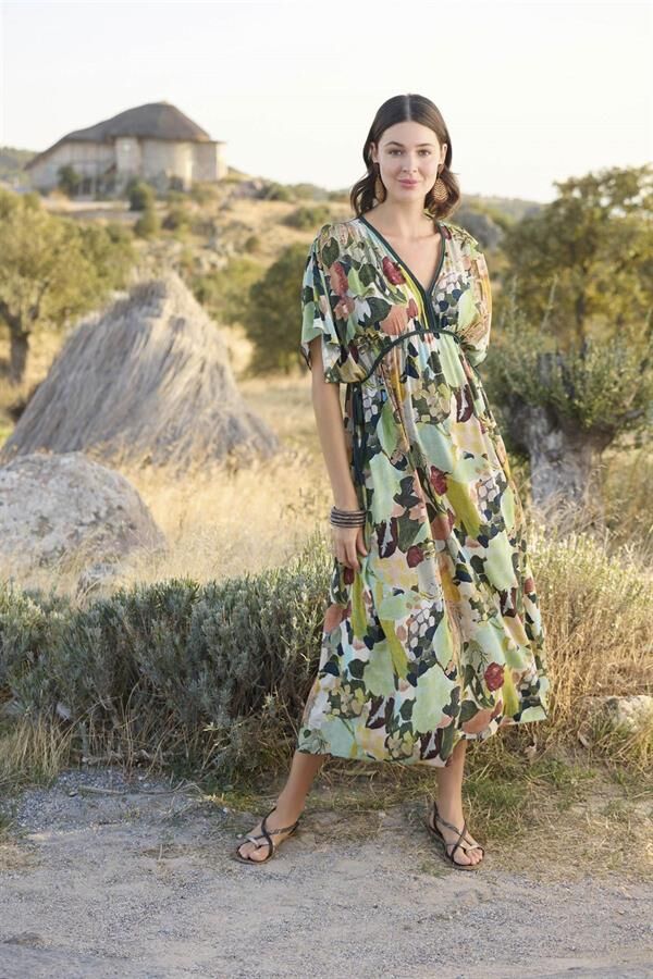 Arias Closet %100 Viskon Çiçek ve Yaprak Desenli Kısa Kollu Elbise