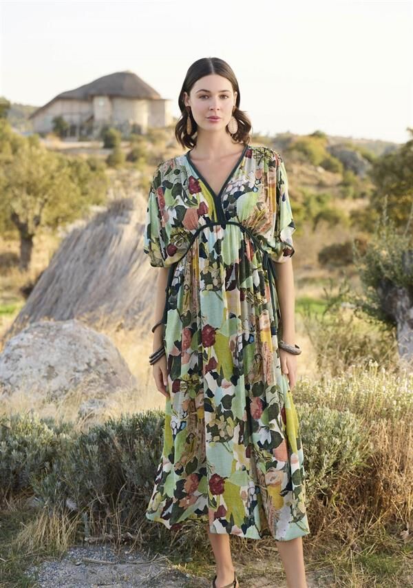 Arias Closet %100 Viskon Çiçek ve Yaprak Desenli Kısa Kollu Elbise