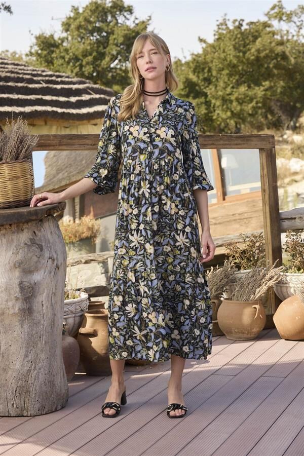 Arias Closet Çiçek ve Yaprak Desenli Truvakar Kollu Elbise