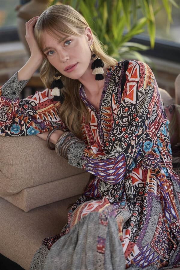 Arias Closet Etnik Desenli Kuşaklı Elbise