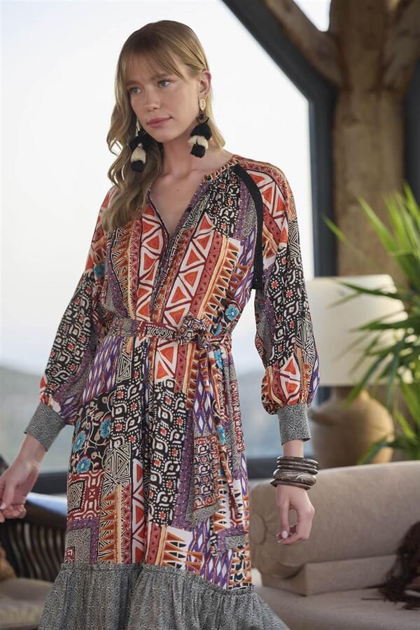 Arias Closet Etnik Desenli Kuşaklı Elbise