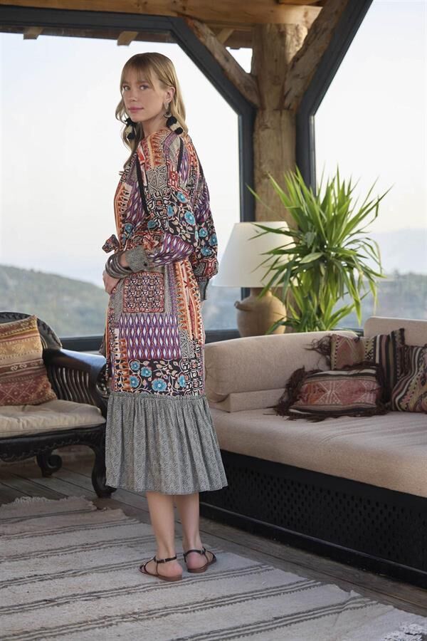 Arias Closet Etnik Desenli Kuşaklı Elbise