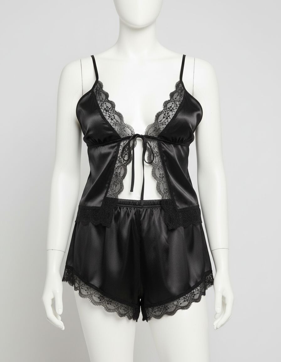 Büyük Beden Siyah Dantel İşlemeli Saten Şortlu Takım