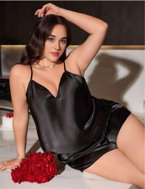 Arias Closet Büyük Beden Siyah Saten Şortlu Takım