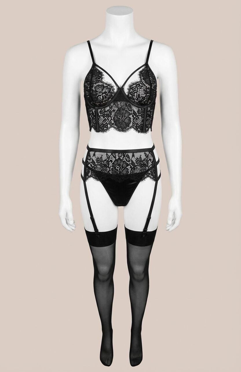 Siyah Dantel İşlemeli Büstiyer Fantezi Jartiyer Takımı