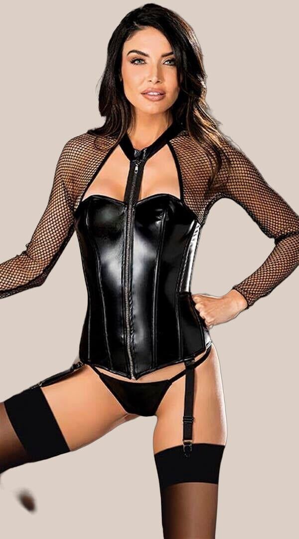 Arias Closet Siyah File Detaylı Fermuarlı Büstiyer Fantezi Deri Jartiyer Takımı