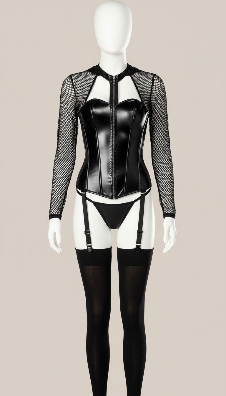 Siyah File Detaylı Fermuarlı Büstiyer Fantezi Deri Jartiyer Takımı