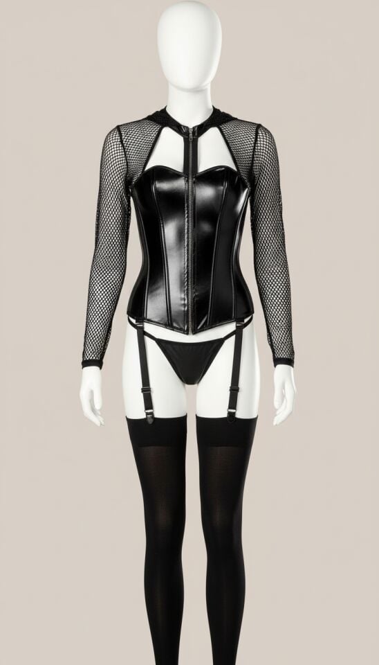 Arias Closet Siyah File Detaylı Fermuarlı Büstiyer Fantezi Deri Jartiyer Takımı