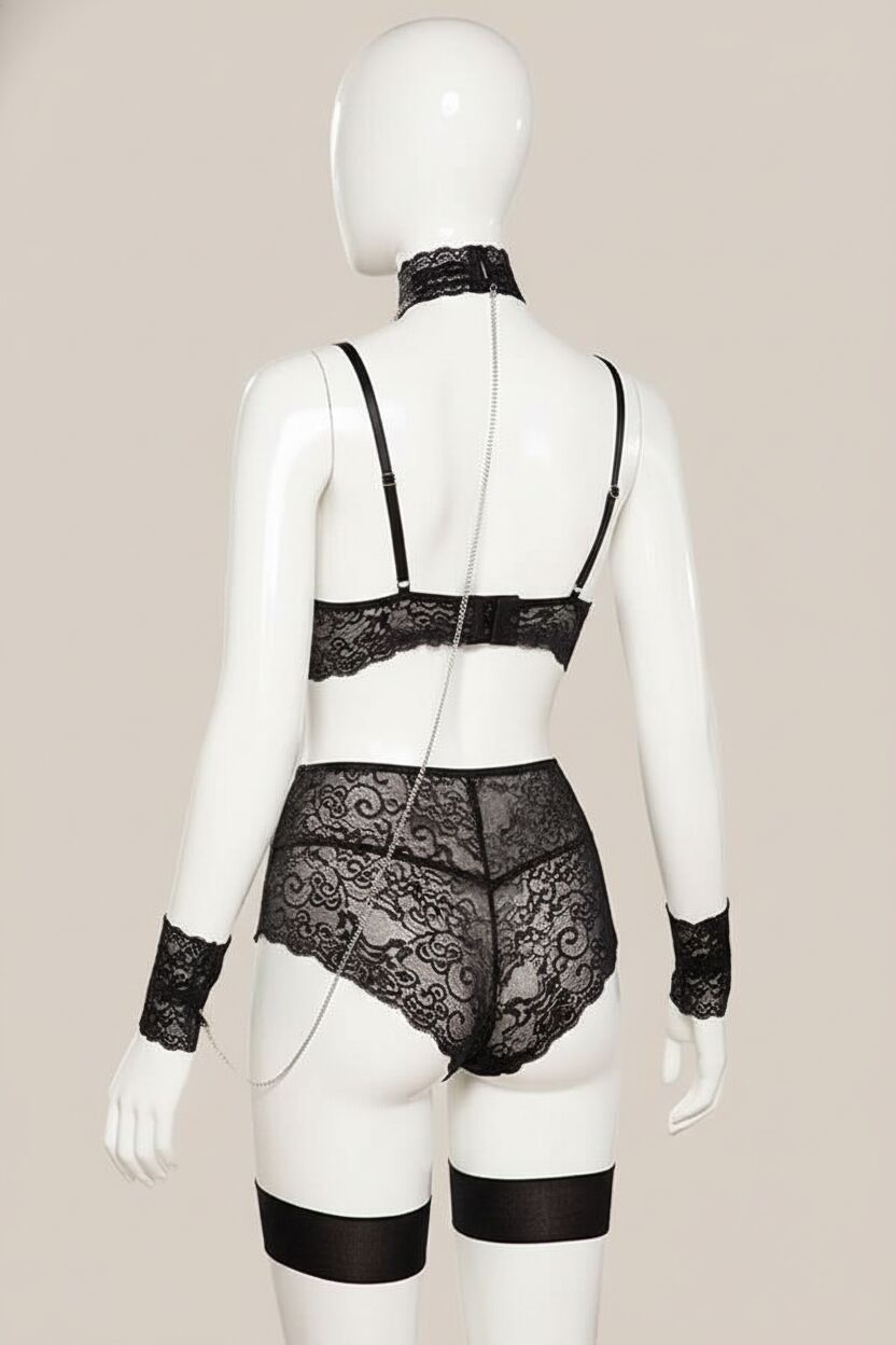 Arias Closet Siyah Zincir Detaylı Fantezi Sütyen Külot Jartiyer Takımı