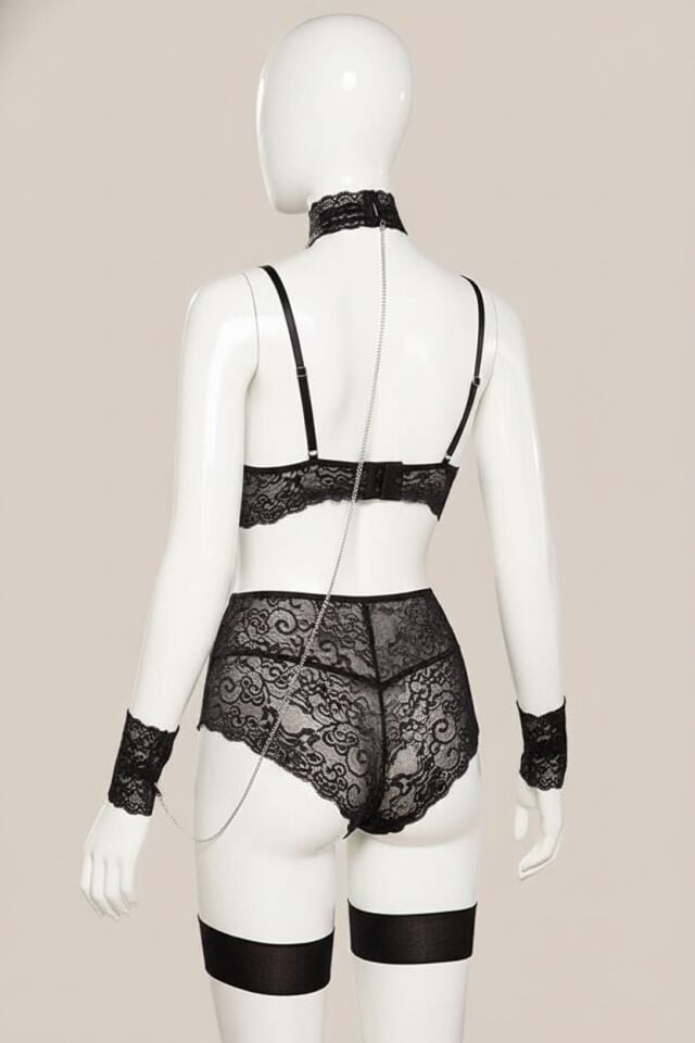 Arias Closet Siyah Zincir Detaylı Fantezi Sütyen Külot Jartiyer Takımı