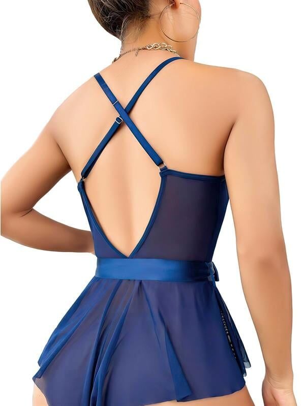 Arias Closet Mavi Dantel İşlemeli Kurdelalı Fantezi Tül Babydoll