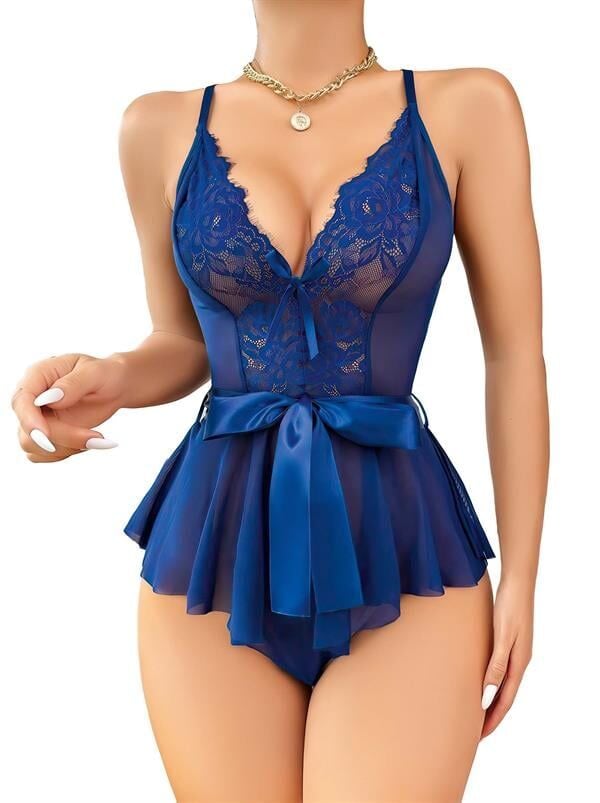 Arias Closet Mavi Dantel İşlemeli Kurdelalı Fantezi Tül Babydoll