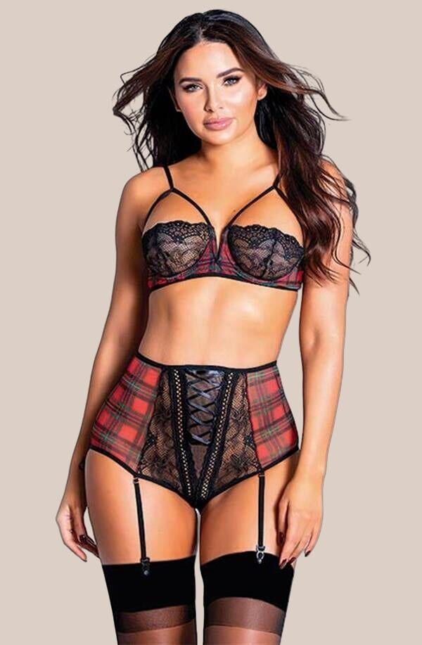 Arias Closet Ekose Desenli Yüksek Bel Fantezi Jartiyer Takımı