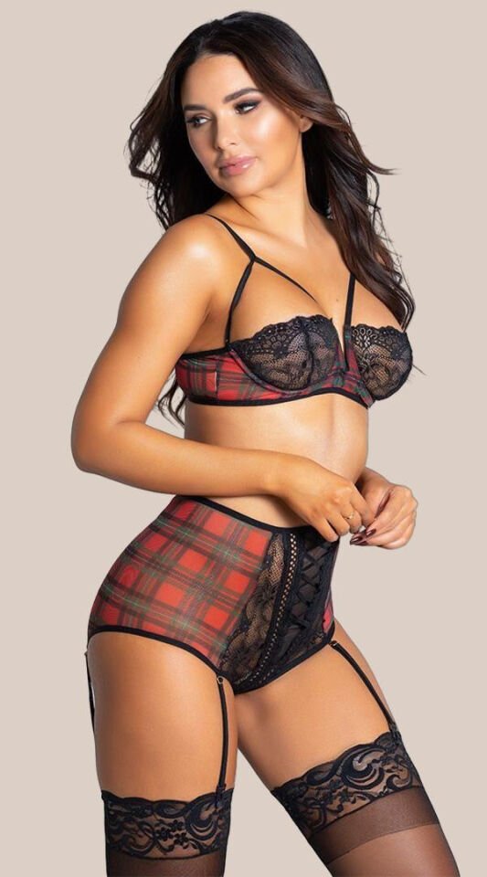 Arias Closet Ekose Desenli Yüksek Bel Fantezi Jartiyer Takımı