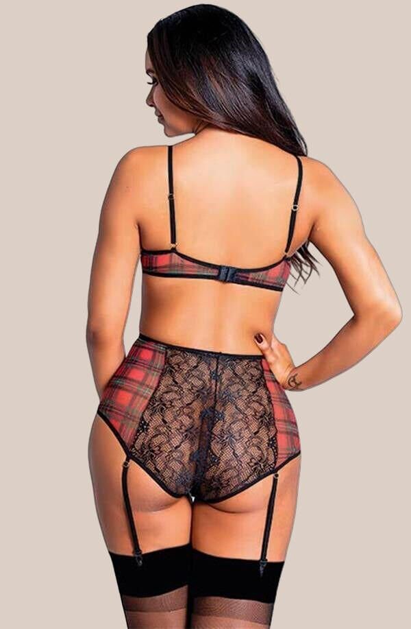 Arias Closet Ekose Desenli Yüksek Bel Fantezi Jartiyer Takımı