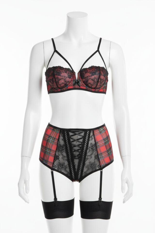 Arias Closet Ekose Desenli Yüksek Bel Fantezi Jartiyer Takımı