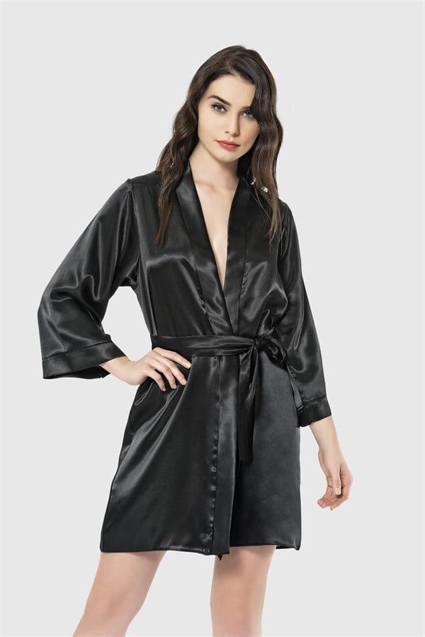Arias Closet Siyah Kısa Saten Sabahlık