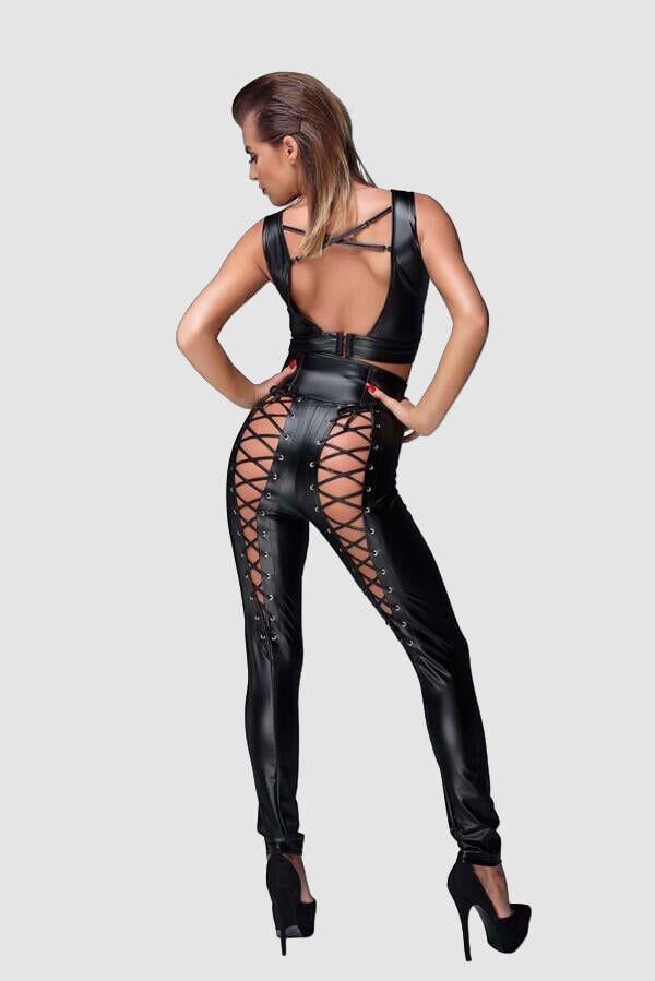 Arias Closet Siyah Dekolteli Fantezi Deri Tulum