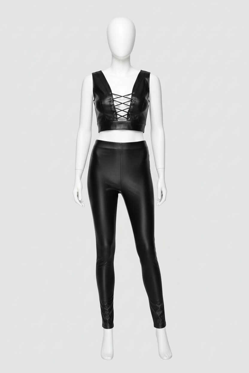 Siyah Dekolteli Fantezi Deri Tulum