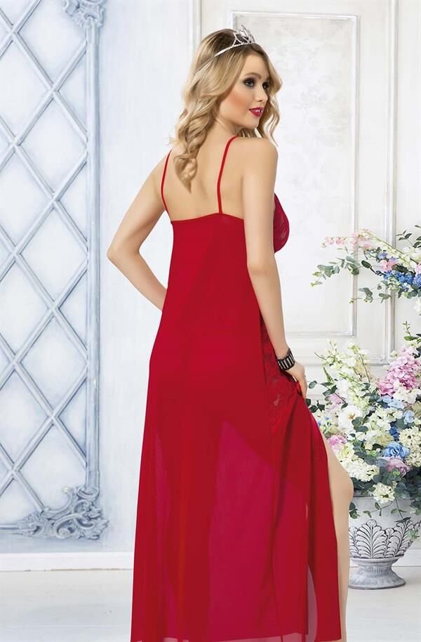 Arias Closet Kırmızı Dantel İşlemeli Yırtmaçlı Fantezi Uzun Gecelik
