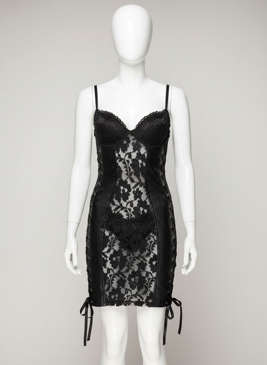 Siyah Dantel İşlemeli Fantezi Deri Elbise