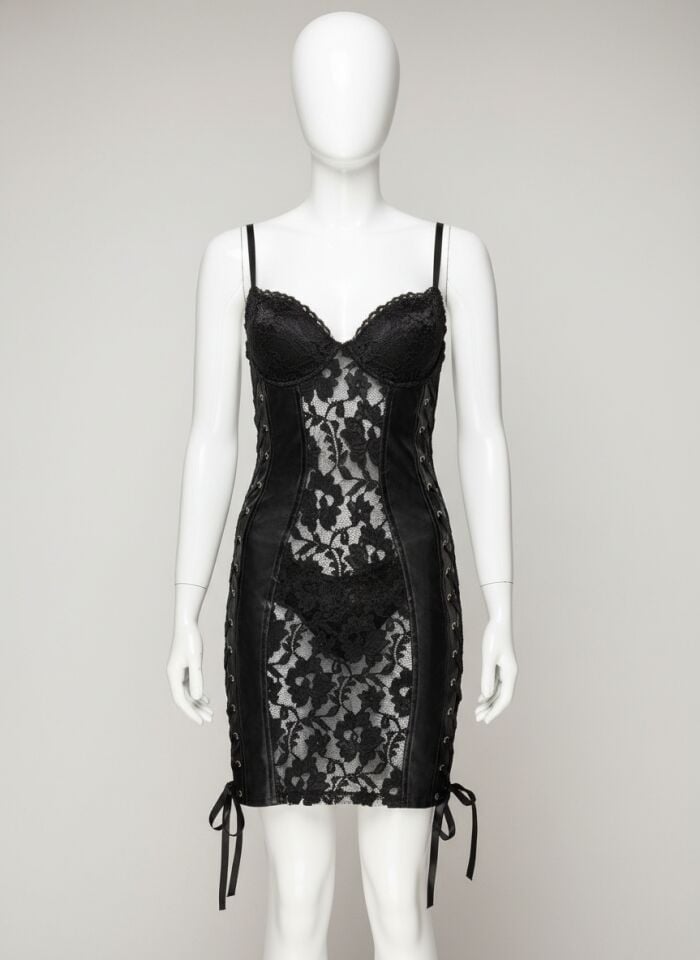 Arias Closet Siyah Dantel İşlemeli Fantezi Deri Elbise