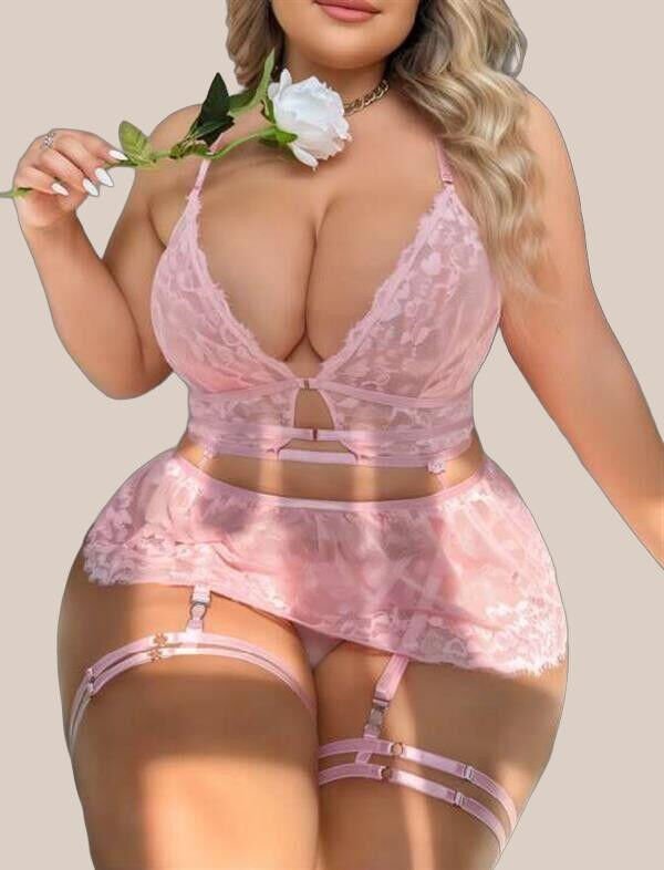 Arias Closet Büyük Beden Pembe Dantel İşlemeli Jartiyer Takımı