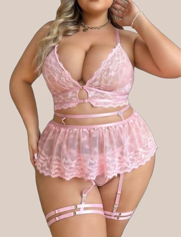 Arias Closet Büyük Beden Pembe Dantel İşlemeli Jartiyer Takımı