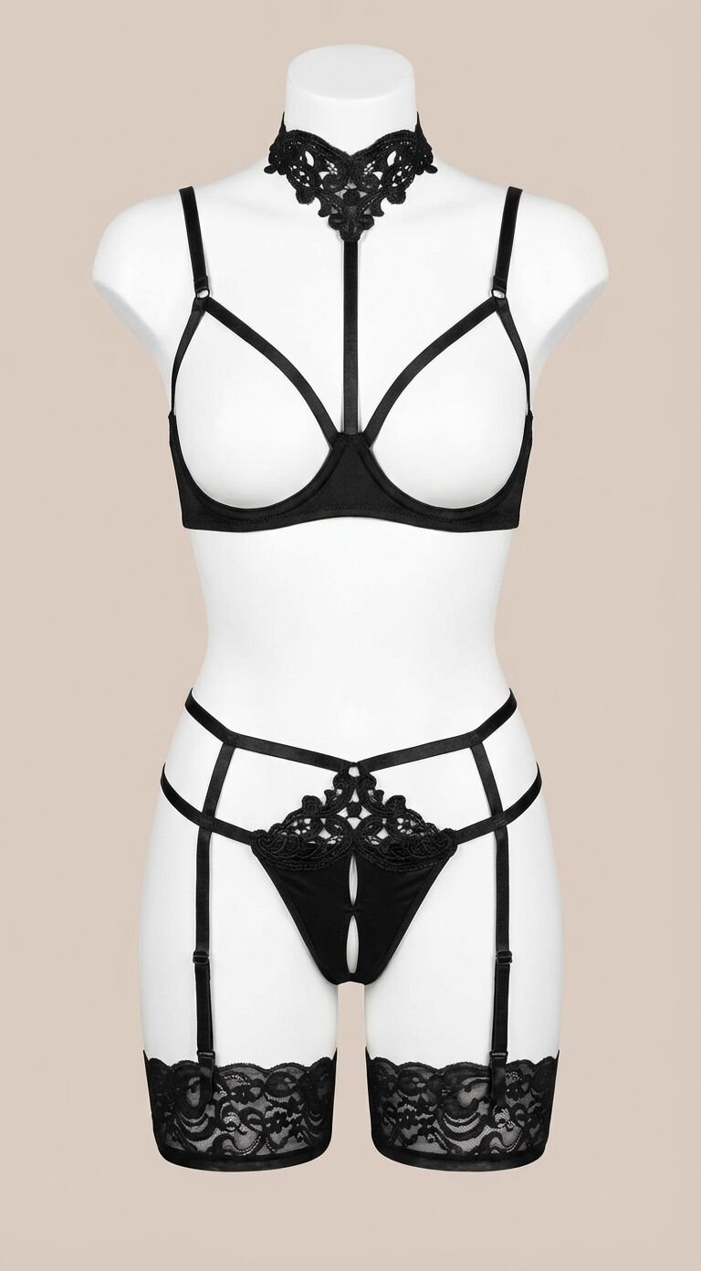 Siyah Göğüsü Açık Güpür Detaylı Fantezi Jartiyer Takımı