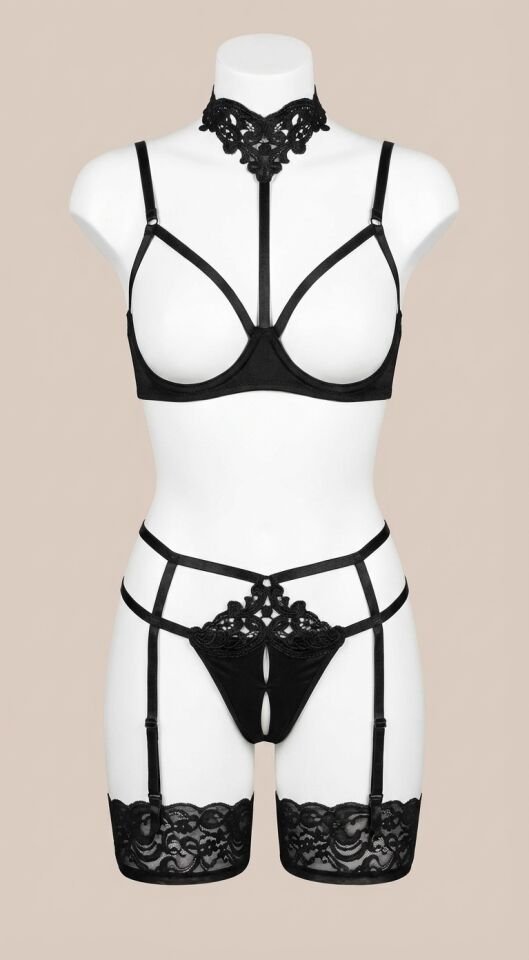 Siyah Göğüsü Açık Güpür Detaylı Fantezi Jartiyer Takımı