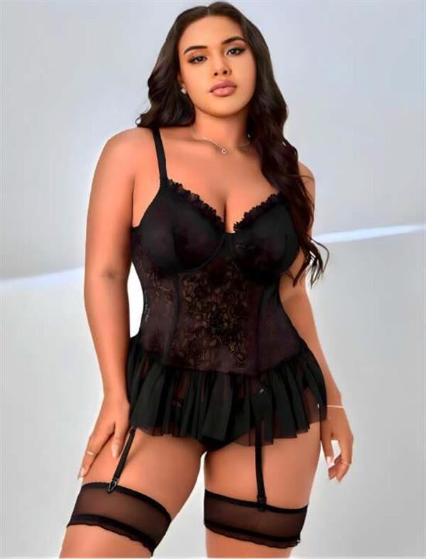 Arias Closet Büyük Beden Siyah Dantel İşlemeli Fırfırlı Jartiyer Takımı