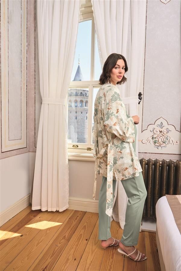 Arias Closet Çiçek ve Yaprak Desenli Dantelli Hamile Lohusa 3'lü Pijama Takımı